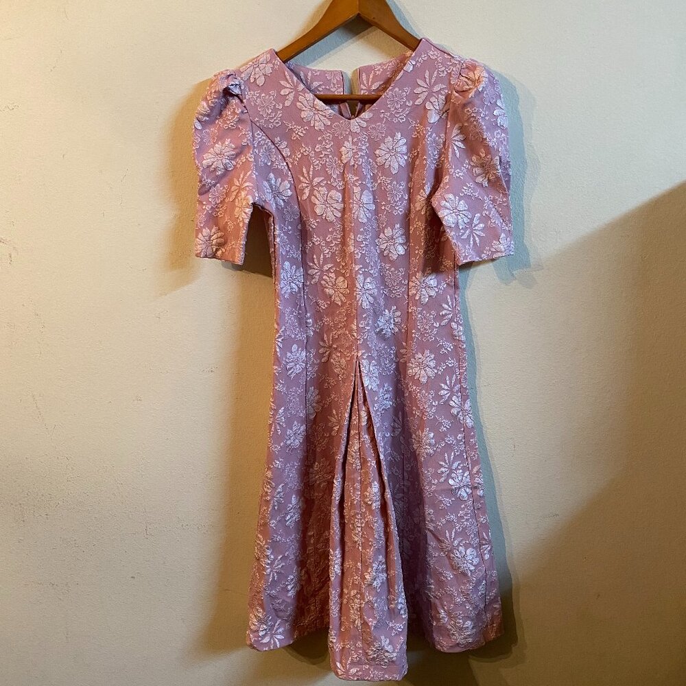 NO BRAND SMALL PINK FLORAL JACQUARD FIT-AND-FLARE A-LINE DRESS